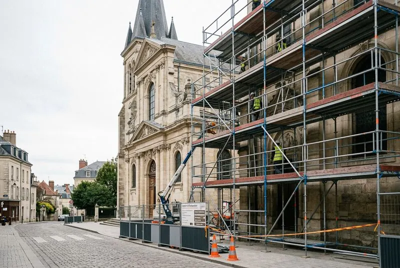Restauration façade — Église historique — Delacroix Échafaudage